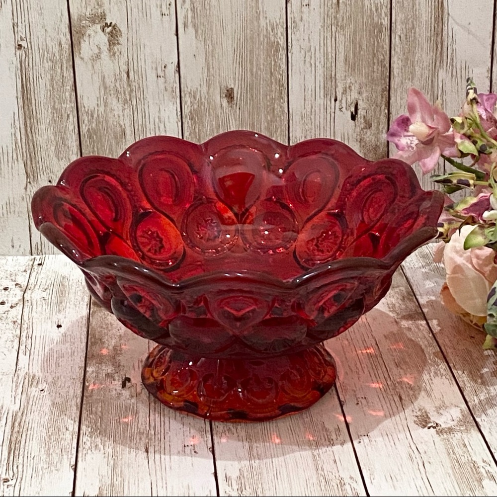 Vintage Mid Century LE Smith Moon Stars Amberina Glass Ruby Red/Amber Dish Bowl